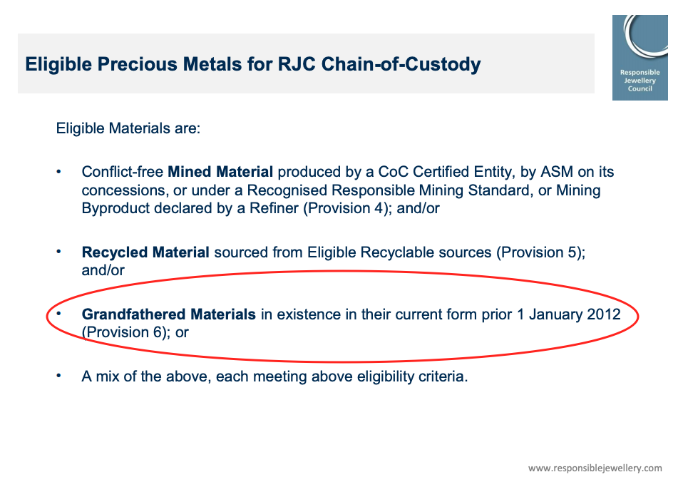 The Responsible Jewellery Council (RJC) has a grandfather clause that allows diamonds and precious metals mined under less than "responsible" conditions to be certified as "responsible."